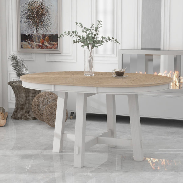 English Elm Trexm Farmhouse Round Extendable Dining Table Seats Six with Oak Veneer Planked Top Oak Natural Wood + Antique White WF291263AAD