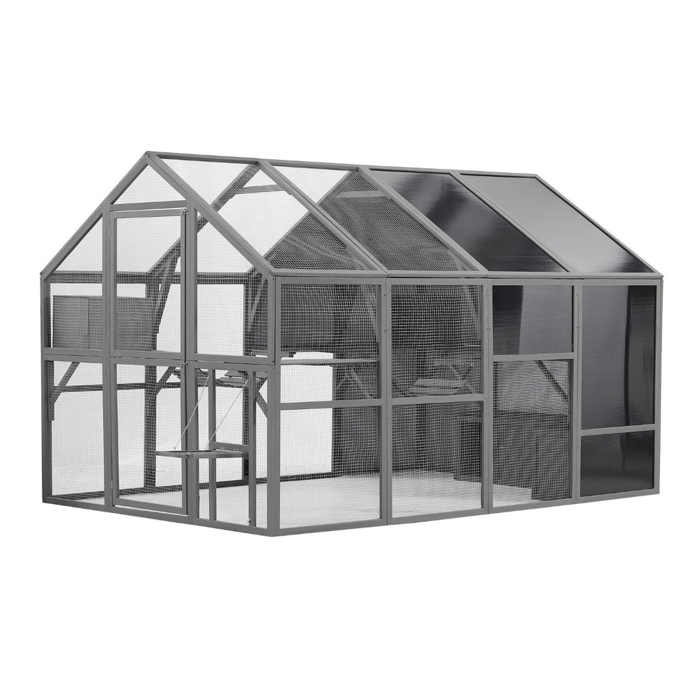 English Elm Luxury Walk-in Fir Wood Catio Outdoor Cat Enclosure with Platforms and Weatherproof Roof W1850S00001