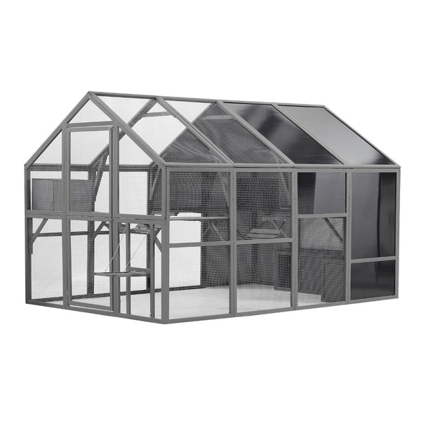 English Elm Luxury Walk-in Fir Wood Catio Outdoor Cat Enclosure with Platforms and Weatherproof Roof W1850S00001