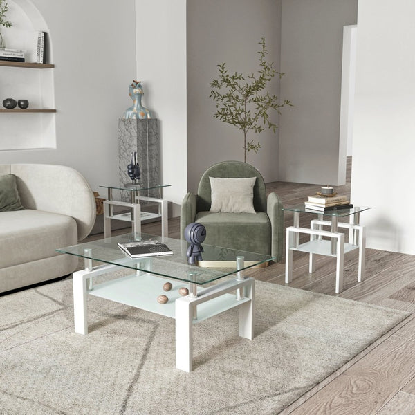 English Elm Set of 2 Square Tempered Glass End Tables with Dual Shelf for Modern Living Room White W241104208