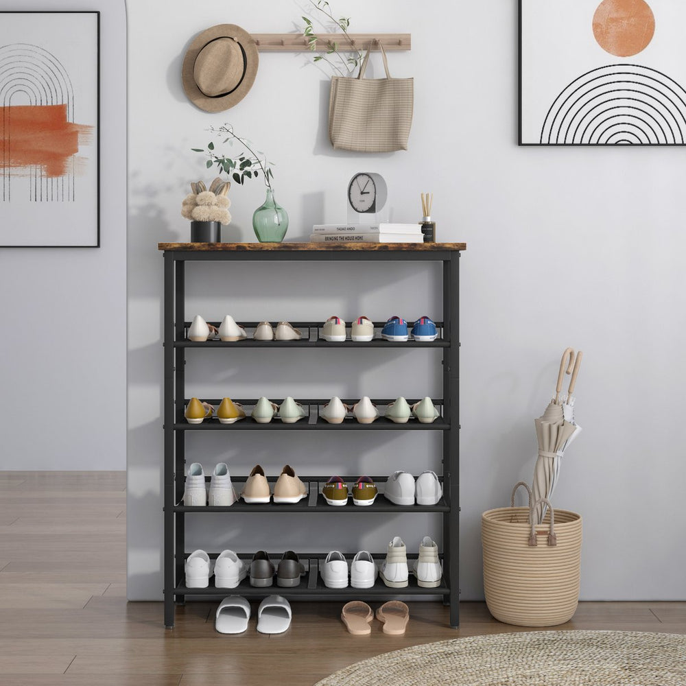 English Elm Industrial shoe rack with wooden top & 5 adjustable metal tiers — space-saving, easy-clean storage W578111247