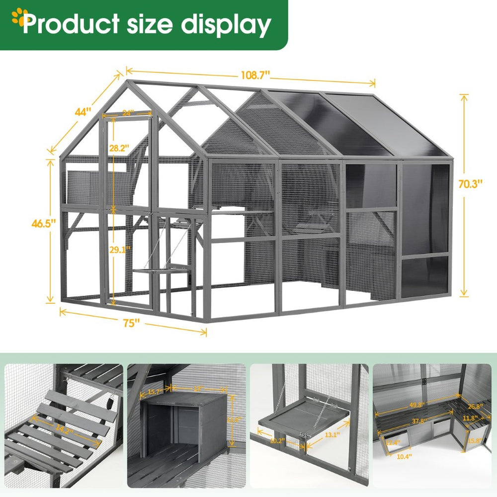 English Elm Luxury Walk-in Fir Wood Catio Outdoor Cat Enclosure with Platforms and Weatherproof Roof W1850S00001