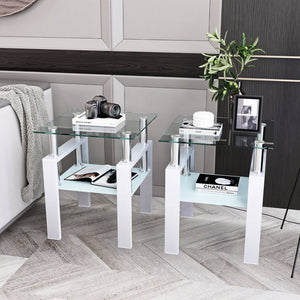 English Elm Set of 2 Square Tempered Glass End Tables with Dual Shelf for Modern Living Room White W241104208