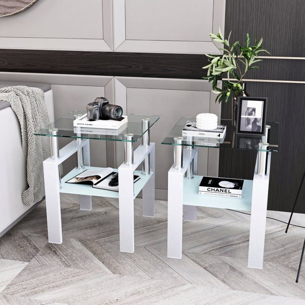 English Elm Set of 2 Square Tempered Glass End Tables with Dual Shelf for Modern Living Room White W241104208