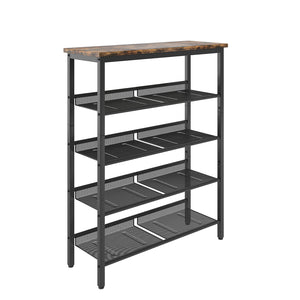 English Elm Industrial shoe rack with wooden top & 5 adjustable metal tiers — space-saving, easy-clean storage W578111247