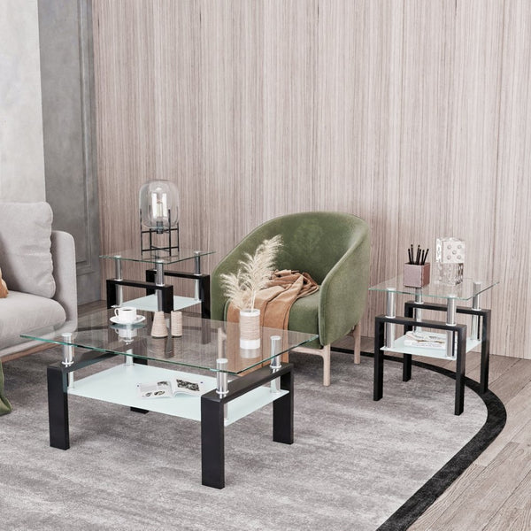 English Elm Set of 2 Square Tempered Glass End Tables with Dual Shelf for Modern Living Room Transparent W241104200