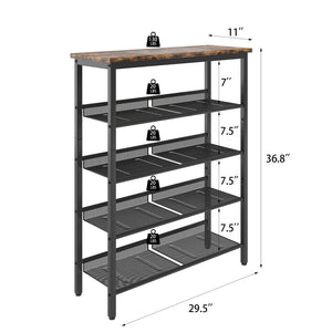 English Elm Industrial shoe rack with wooden top & 5 adjustable metal tiers — space-saving, easy-clean storage W578111247