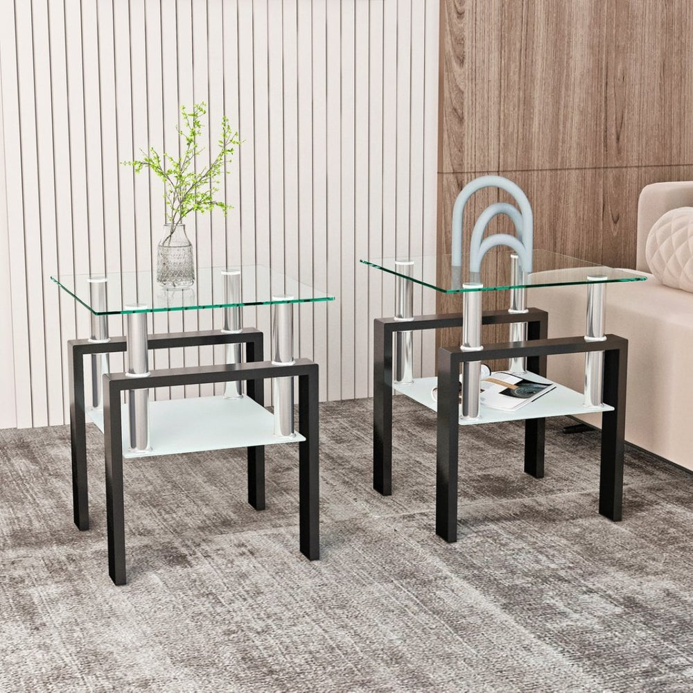 English Elm Set of 2 Square Tempered Glass End Tables with Dual Shelf for Modern Living Room Transparent W241104200