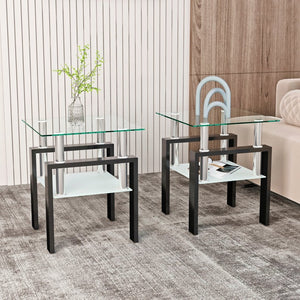 English Elm Set of 2 Square Tempered Glass End Tables with Dual Shelf for Modern Living Room Transparent W241104200