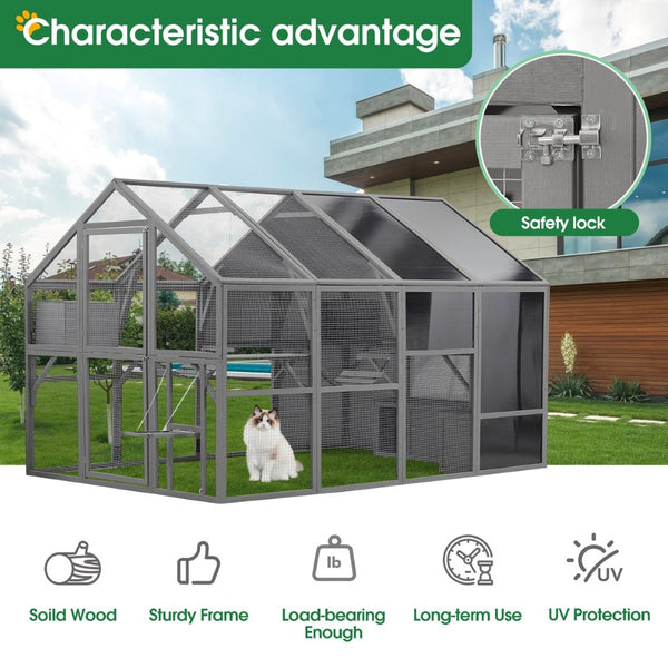 English Elm Luxury Walk-in Fir Wood Catio Outdoor Cat Enclosure with Platforms and Weatherproof Roof W1850S00001