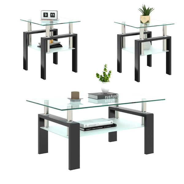 English Elm Set of 2 Square Tempered Glass End Tables with Dual Shelf for Modern Living Room Transparent W241104200