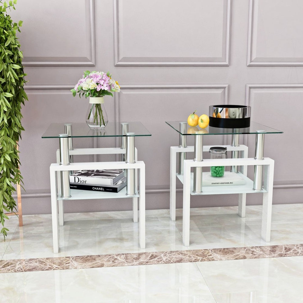 English Elm Set of 2 Square Tempered Glass End Tables with Dual Shelf for Modern Living Room White W241104208