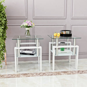 English Elm Set of 2 Square Tempered Glass End Tables with Dual Shelf for Modern Living Room White W241104208