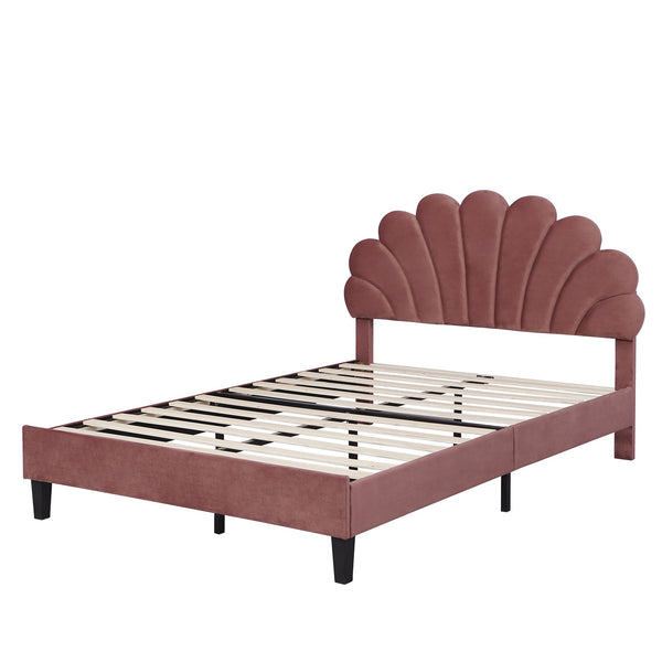 English Elm Full Full Size Upholstered Platform Bed with Floral Velvet Headboard, Sturdy Wood Frame, 660lb Capacity Bean paste red WF305290AAH