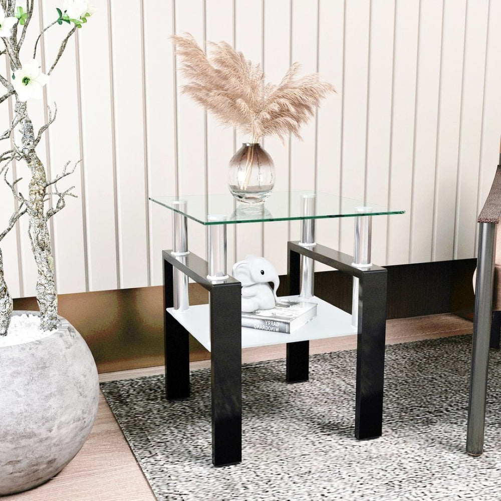 English Elm 1-piece Square Tempered Glass End Table Dual Tier Modern Design for Living Room W241104199