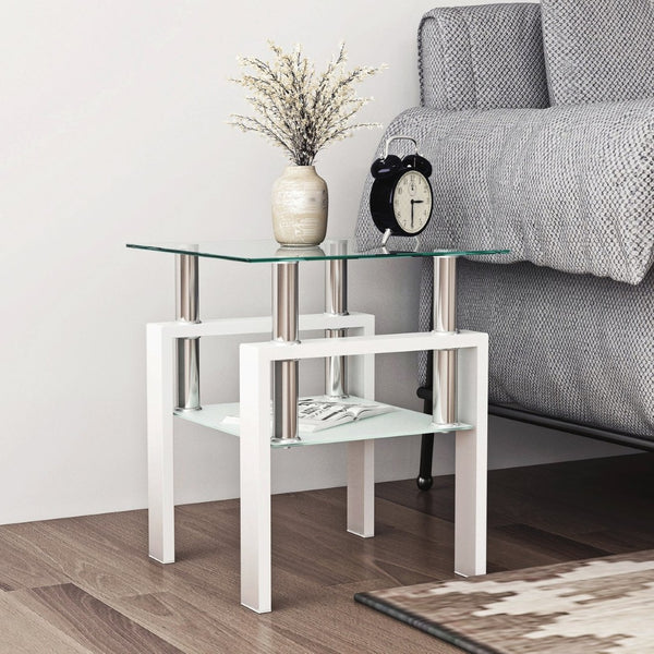 English Elm Set of 2 Square Tempered Glass End Tables with Dual Shelf for Modern Living Room W241104206