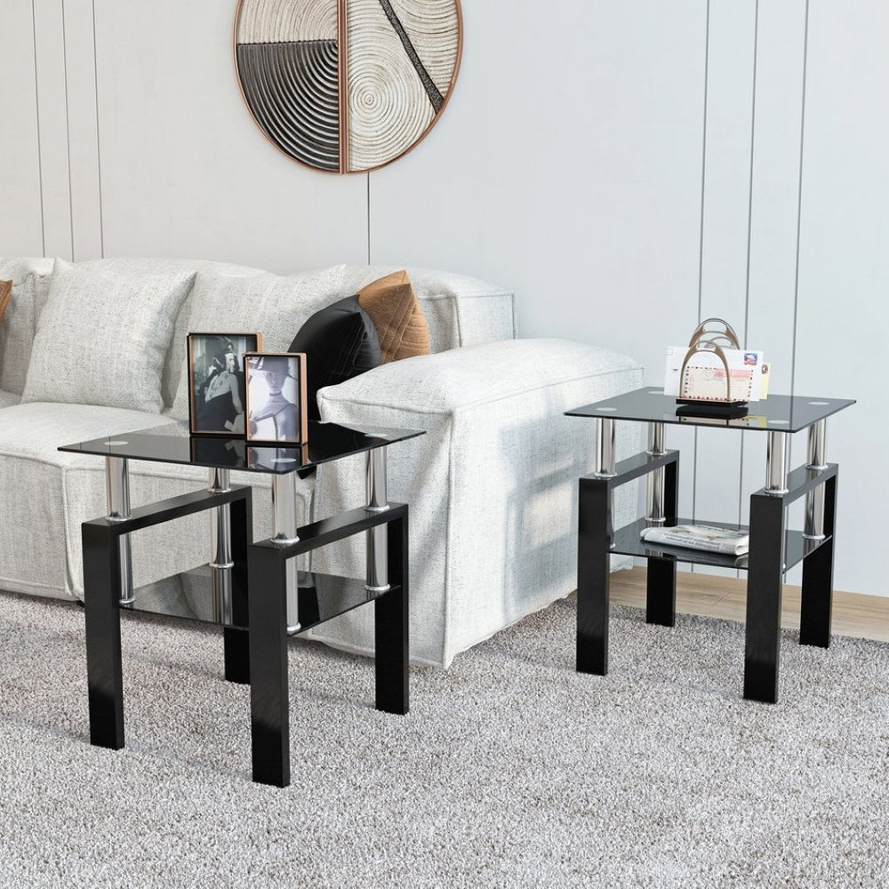 English Elm Set of 2 Square Tempered Glass End Tables with Dual Shelf for Modern Living Room W241104205