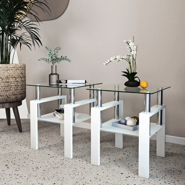 English Elm Set of 2 Square Tempered Glass End Tables with Dual Shelf for Modern Living Room White W241104208