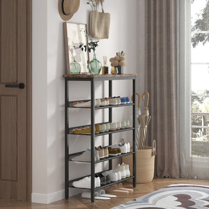 English Elm Industrial shoe rack with wooden top & 5 adjustable metal tiers — space-saving, easy-clean storage W578111247