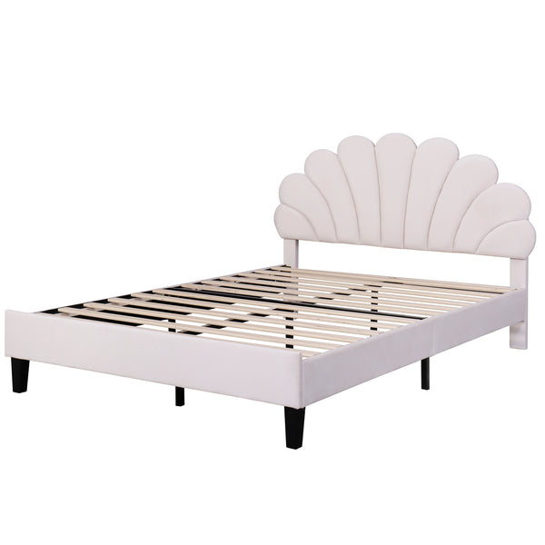 English Elm Full Full Size Upholstered Platform Bed with Floral Velvet Headboard, Sturdy Wood Frame, 660lb Capacity Beige WF305290AAA