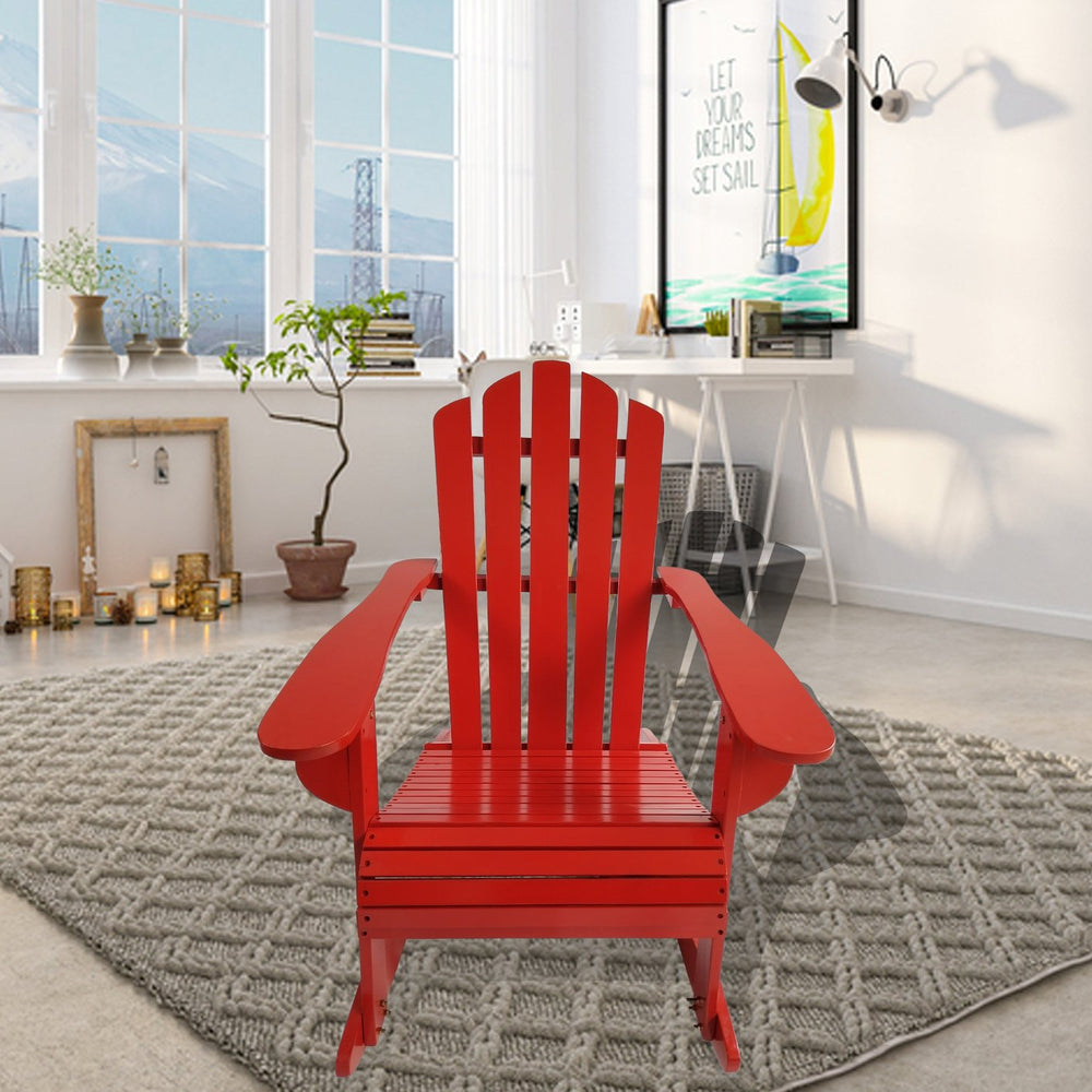 English Elm Reclining Solid Wood Rocking Adirondack Chair in Red — Comfortable Wide Seat & Armrests, Porch Ready W49570901
