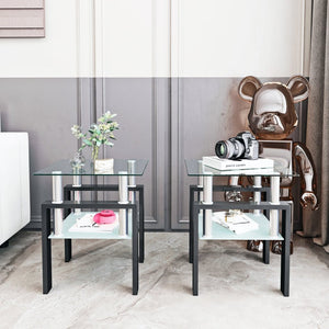 English Elm Set of 2 Square Tempered Glass End Tables with Dual Shelf for Modern Living Room Transparent W241104200