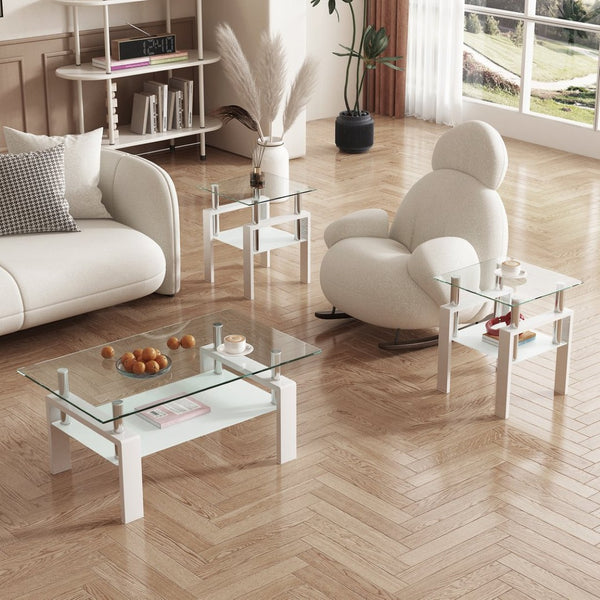 English Elm Set of 2 Square Tempered Glass End Tables with Dual Shelf for Modern Living Room White W241104208