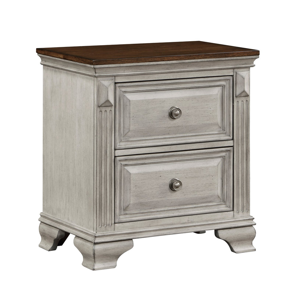 English Elm Traditional Marquette Two-Tone Nightstand with 2 Drawers, Gray-Brown Oak Veneer, Antique Bronze Knobs B011118993