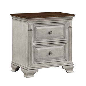 English Elm Traditional Marquette Two-Tone Nightstand with 2 Drawers, Gray-Brown Oak Veneer, Antique Bronze Knobs B011118993
