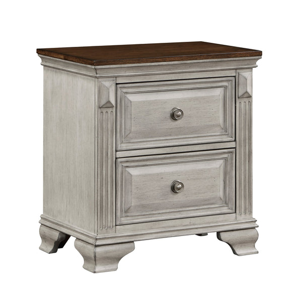 English Elm Traditional Marquette Two-Tone Nightstand with 2 Drawers, Gray-Brown Oak Veneer, Antique Bronze Knobs B011118993