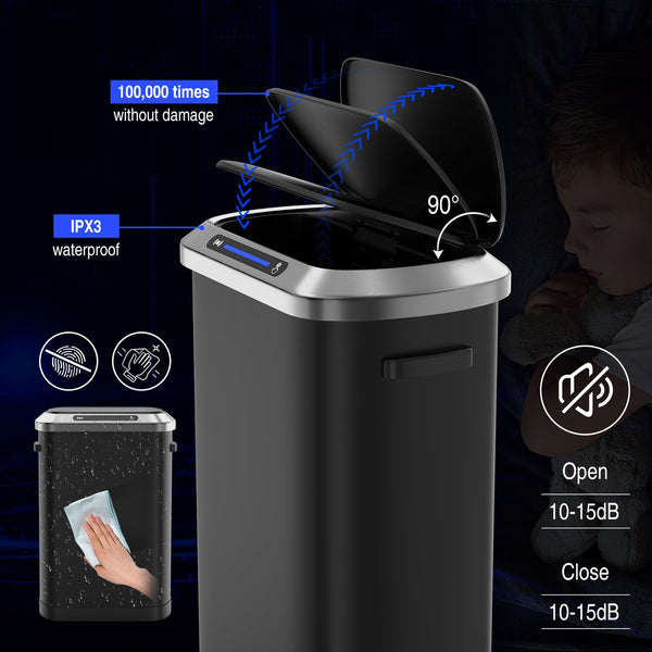English Elm 50L Motion Sensor Trash Can with Silent Soft-Close Lid, 50L Stainless Steel 13.2Gal Hands-Free Bin Black W1550106524