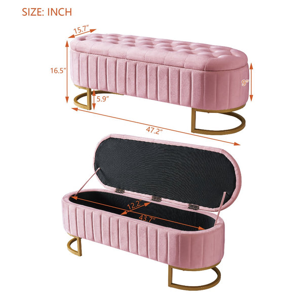 English Elm Elegant Upholstered Velvet Storage Ottoman Bench with Button-Tufted Top, Metal Legs, Spacious Hidden Storage, Modern Seat for Bedroom Living Room Entrance Pink 48.25 L x 16.25 W x 12.5 H N733P208522H