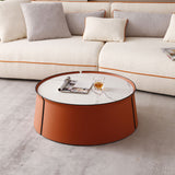 English Elm (Not Available On Wayfair) 31.5Inch Coffee Table, Marble Top+Orange Saddle Leather Body+Iron Frame