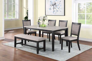 English Elm Contemporary 6pc Dining Set with Bench and 4 Upholstered Side Chairs, Two-Tone Rubberwood Finish B011S00408