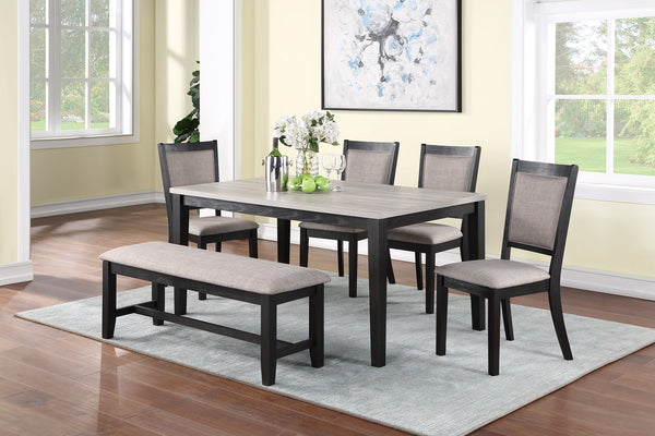 English Elm Contemporary 6pc Dining Set with Bench and 4 Upholstered Side Chairs, Two-Tone Rubberwood Finish B011S00408