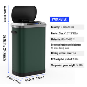 English Elm 50L Motion Sensor Trash Can with Silent Soft-Close Lid, 50L Stainless Steel 13.2Gal Hands-Free Bin Green W1550106526