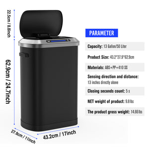 English Elm 50L Motion Sensor Trash Can with Silent Soft-Close Lid, 50L Stainless Steel 13.2Gal Hands-Free Bin Black W1550106524