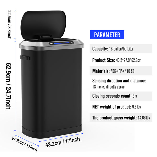 English Elm 50L Motion Sensor Trash Can with Silent Soft-Close Lid, 50L Stainless Steel 13.2Gal Hands-Free Bin Black W1550106524
