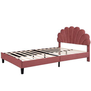 English Elm Queen Upholstered Platform Bed with Floral Velvet Headboard, Sturdy Wood Slats, Modern Comfort Bean paste red WF305291AAH