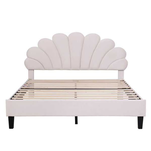 English Elm Queen Upholstered Platform Bed with Floral Velvet Headboard, Sturdy Wood Slats, Modern Comfort Beige WF305291AAA
