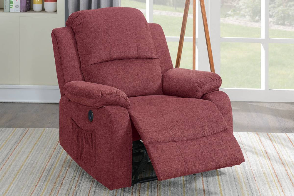 English Elm POWER Recliner with Leather-Like Upholstery and Metal Power Mechanism, Solid Wood Frame Comfort Red 36 L x 31 W x 26 H B089112979