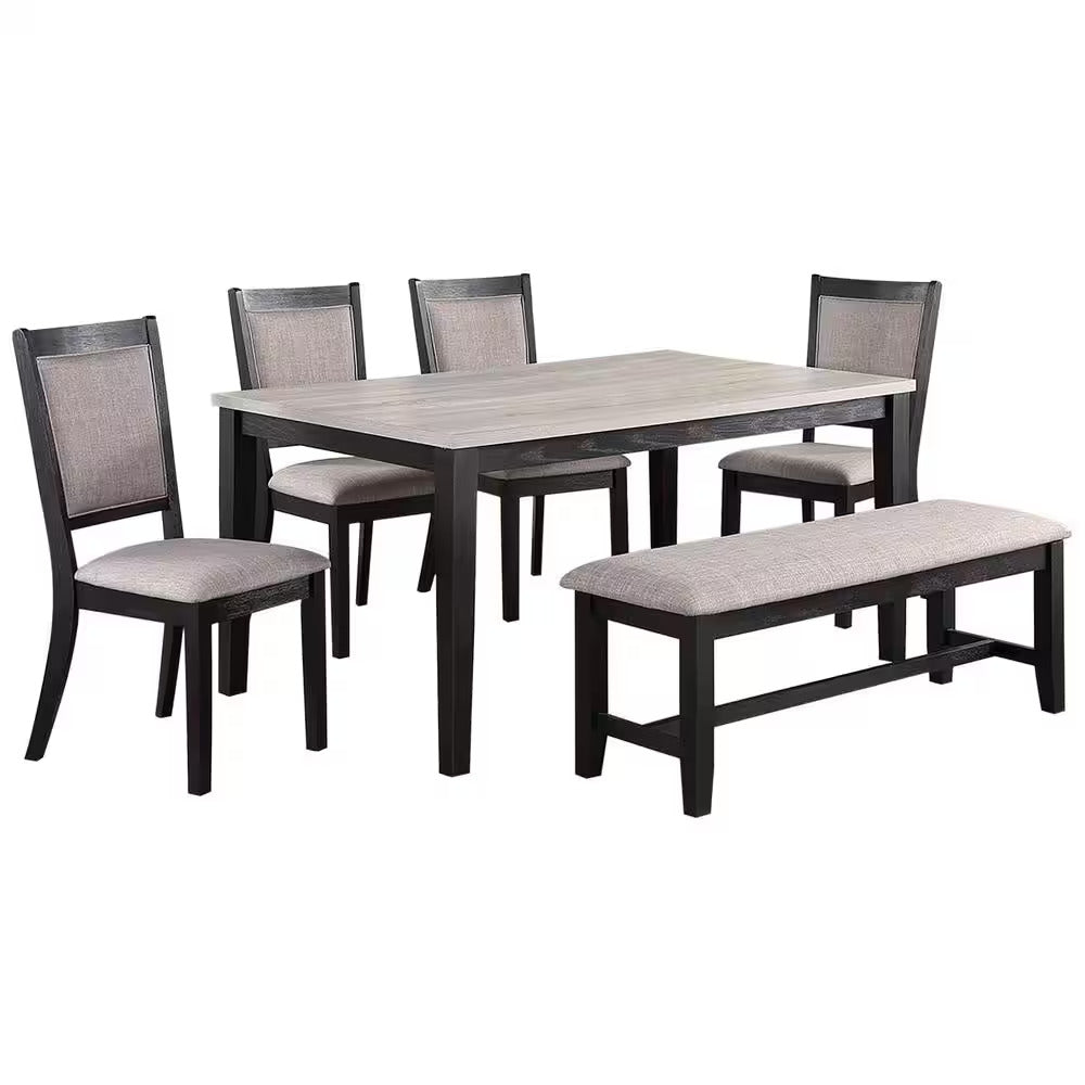 English Elm Contemporary 6pc Dining Set with Bench and 4 Upholstered Side Chairs, Two-Tone Rubberwood Finish B011S00408