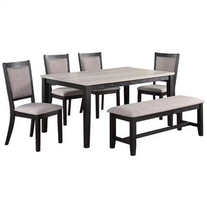 English Elm Contemporary 6pc Dining Set with Bench and 4 Upholstered Side Chairs, Two-Tone Rubberwood Finish B011S00408