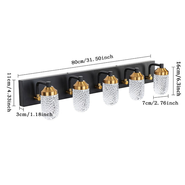 English Elm Vanity Light Bar with Five Led Bulbs Matte Black Frame Clear Glass Bathroom Mirror W134070913