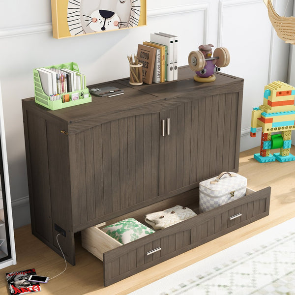 English Elm Queen Murphy Bed with Built-In USB Charging, Antique Gray Wall Bed with Drawer Storage, Space-Saving Retreat GX000337AAE