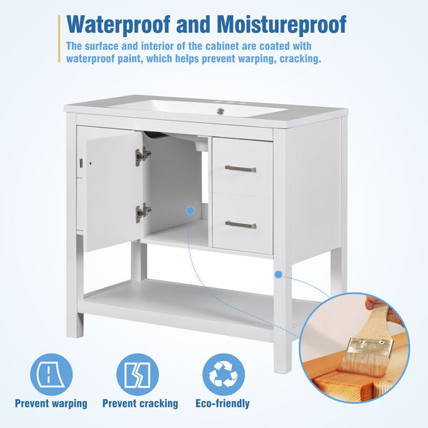 English Elm 36" White Oak Bathroom Vanity with Resin Sink Usb Charging and Three Drawers SV000009AAW