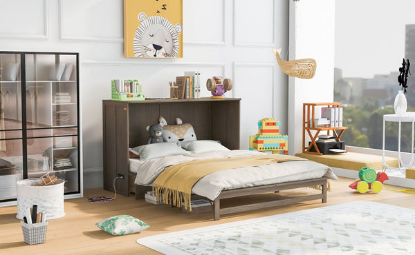 English Elm Queen Murphy Bed with Built-In USB Charging, Antique Gray Wall Bed with Drawer Storage, Space-Saving Retreat GX000337AAE