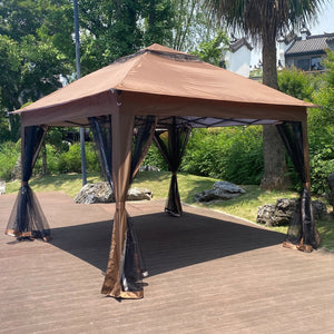 English Elm Outdoor 11x11 Ft Gazebo Canopy with Double-Tier Ventilated Roof, Removable Mesh, Sandbags Brown W419104362