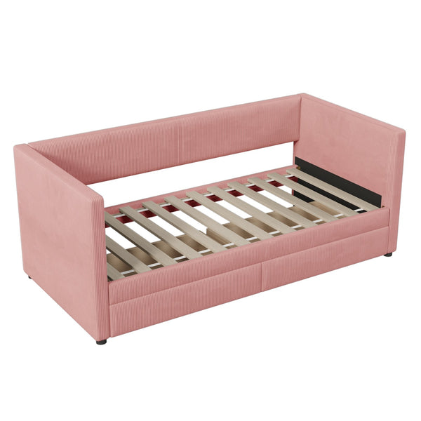 English Elm Twin Corduroy Daybed with Two Storage Drawers, Solid Pine Legs, Wood Slat Support, Durable Design Pink SF000007AAH
