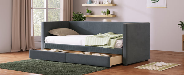 English Elm Twin Corduroy Daybed with Two Storage Drawers, Solid Pine Legs, Wood Slat Support, Durable Design Gray SF000007AAE